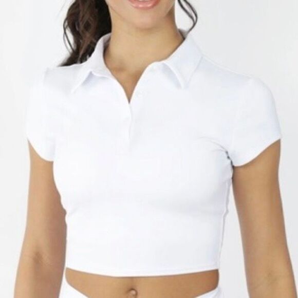 Y2K 90 DEGREES BY REFLEX Lux Short Sleeve Cropped Tennis Polo Baby Tee White - Picture 1 of 6